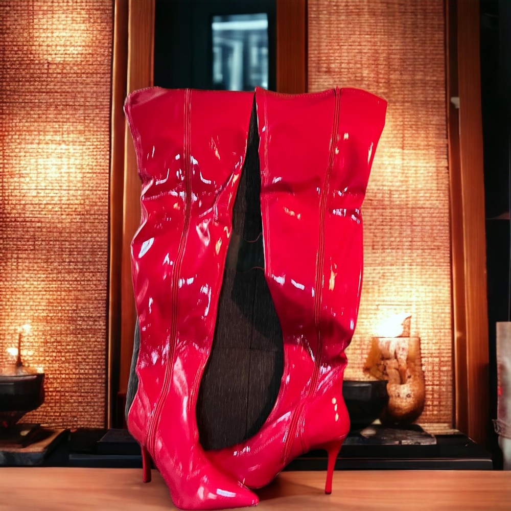 Women’s Red Thigh High Faux Patent Boots Size 8 M